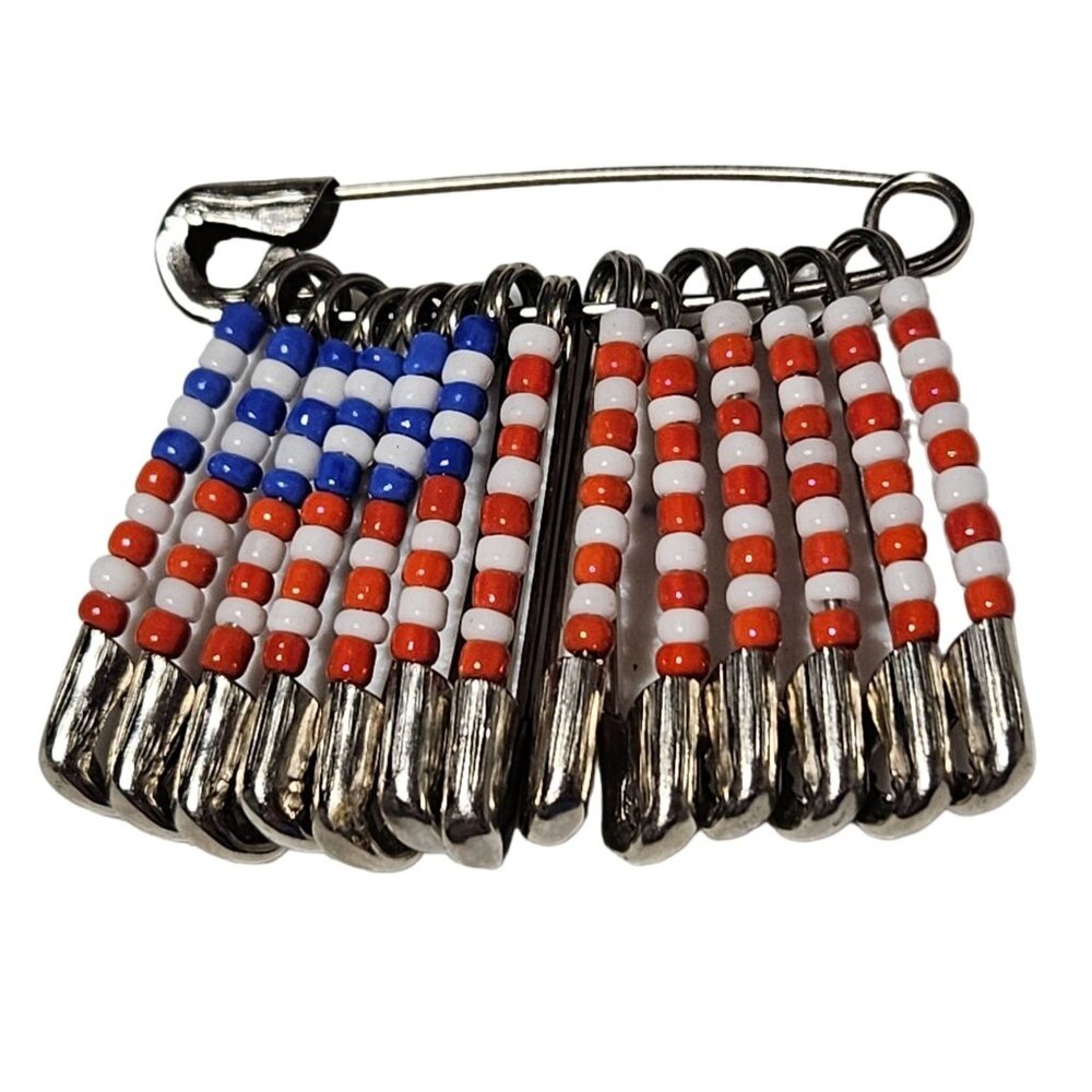 Handmade Patriotic American Flag Safety Pin Brooch Red White Blue Beads Jewelry